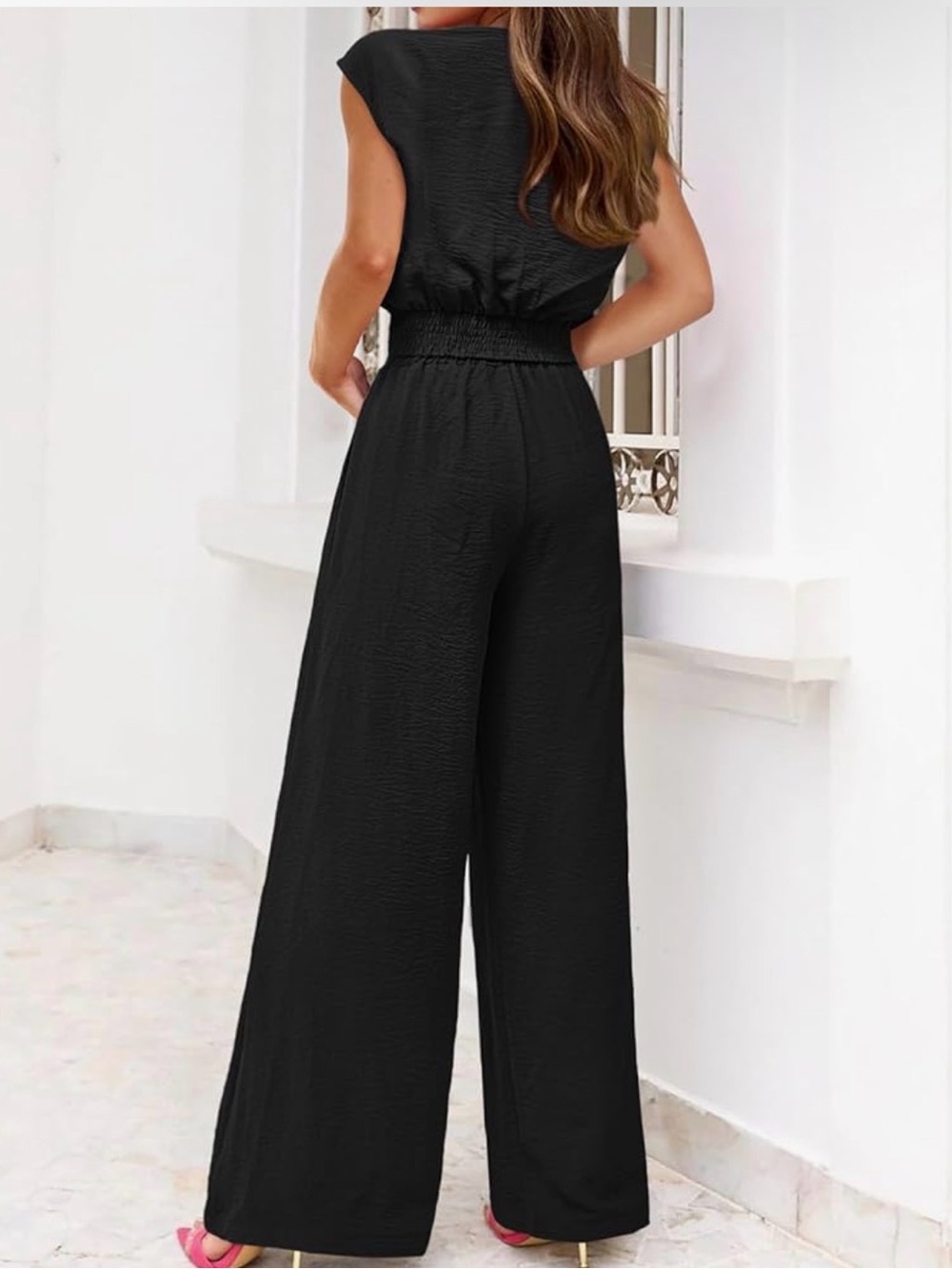 2 piece Sleeveless Black Wide-Leg Jumpsuit with Elastic Waist